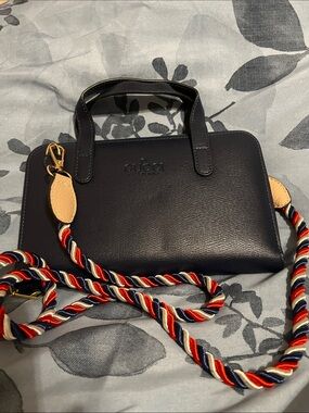 Gucci Navy Blue Leather Satchel with Red-White-Blue Braided Strap